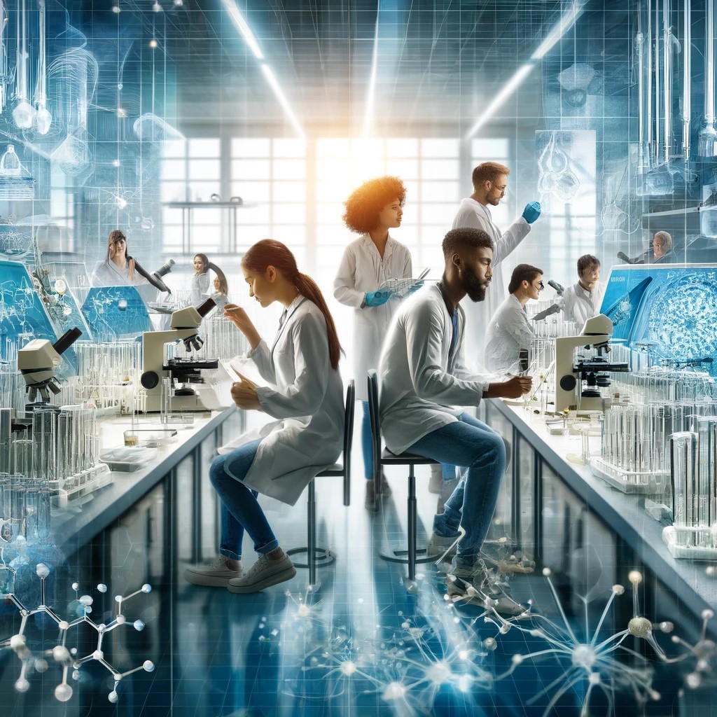 DALL·E 2024-05-14 23.33.35 - A dynamic illustration of a biotechnology research lab. The scene shows a diverse team of scientists, including a Caucasian man and an African woman, 