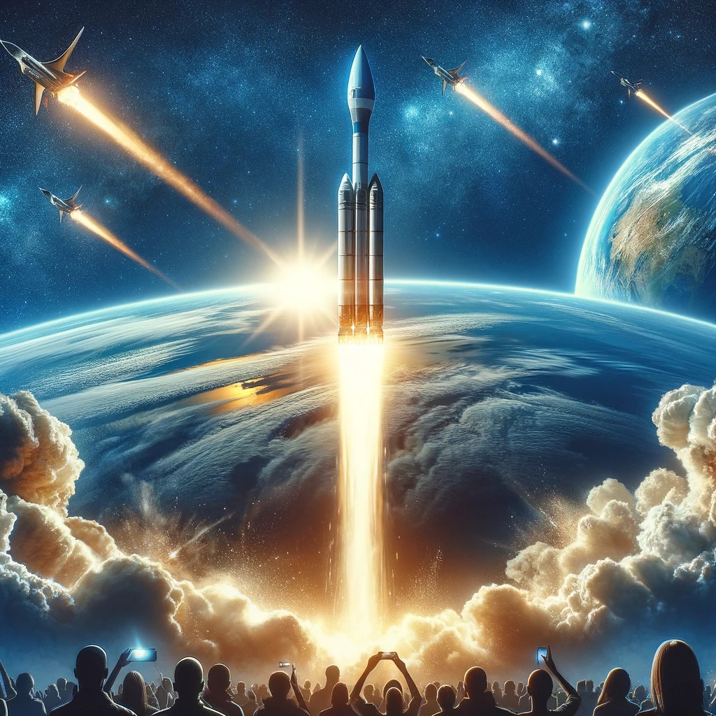 DALL·E 2024-05-14 15.40.37 - An inspiring image of a modern spacecraft launching into space from Earth, symbolizing the new era of commercial space travel and exploration. The sce