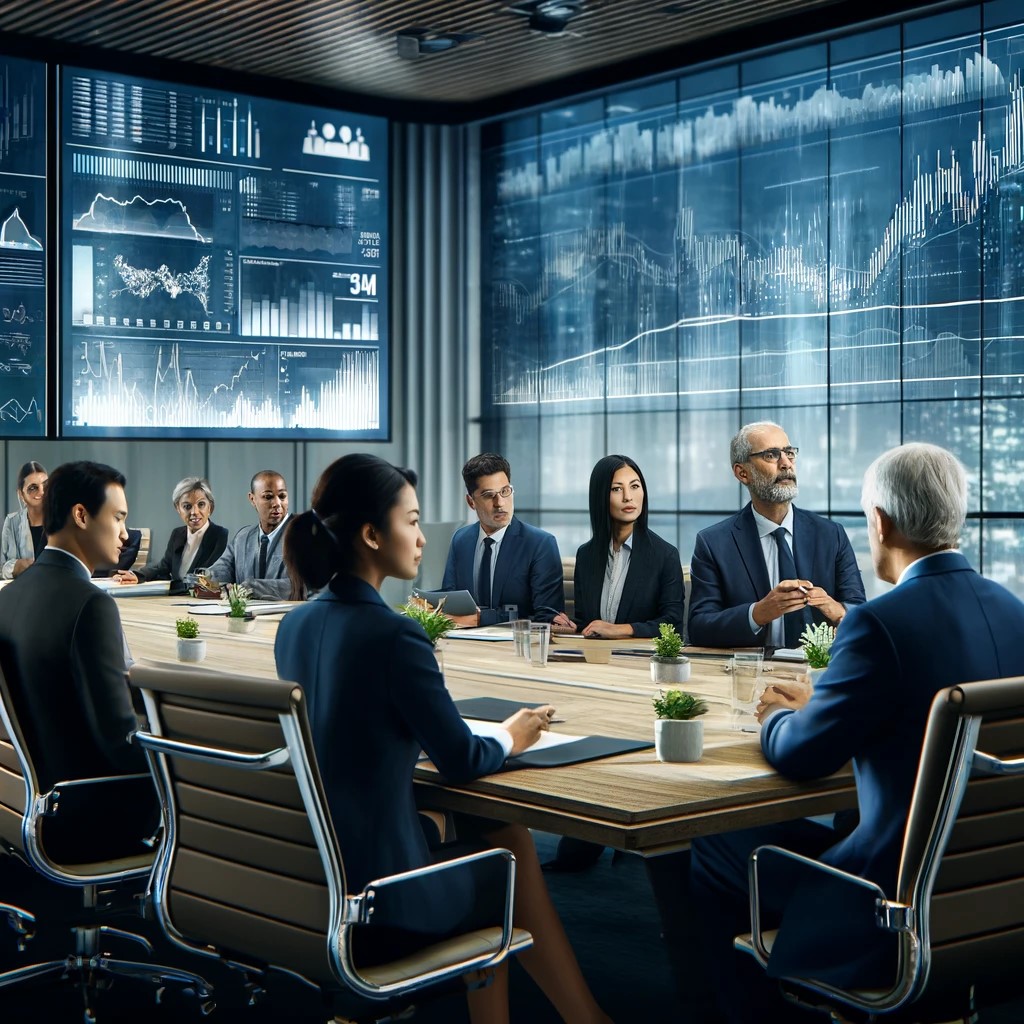 DALL·E 2024-06-06 20.05.17 - A corporate boardroom during an earnings report presentation, with executives and analysts discussing the financial results. The room features a diver