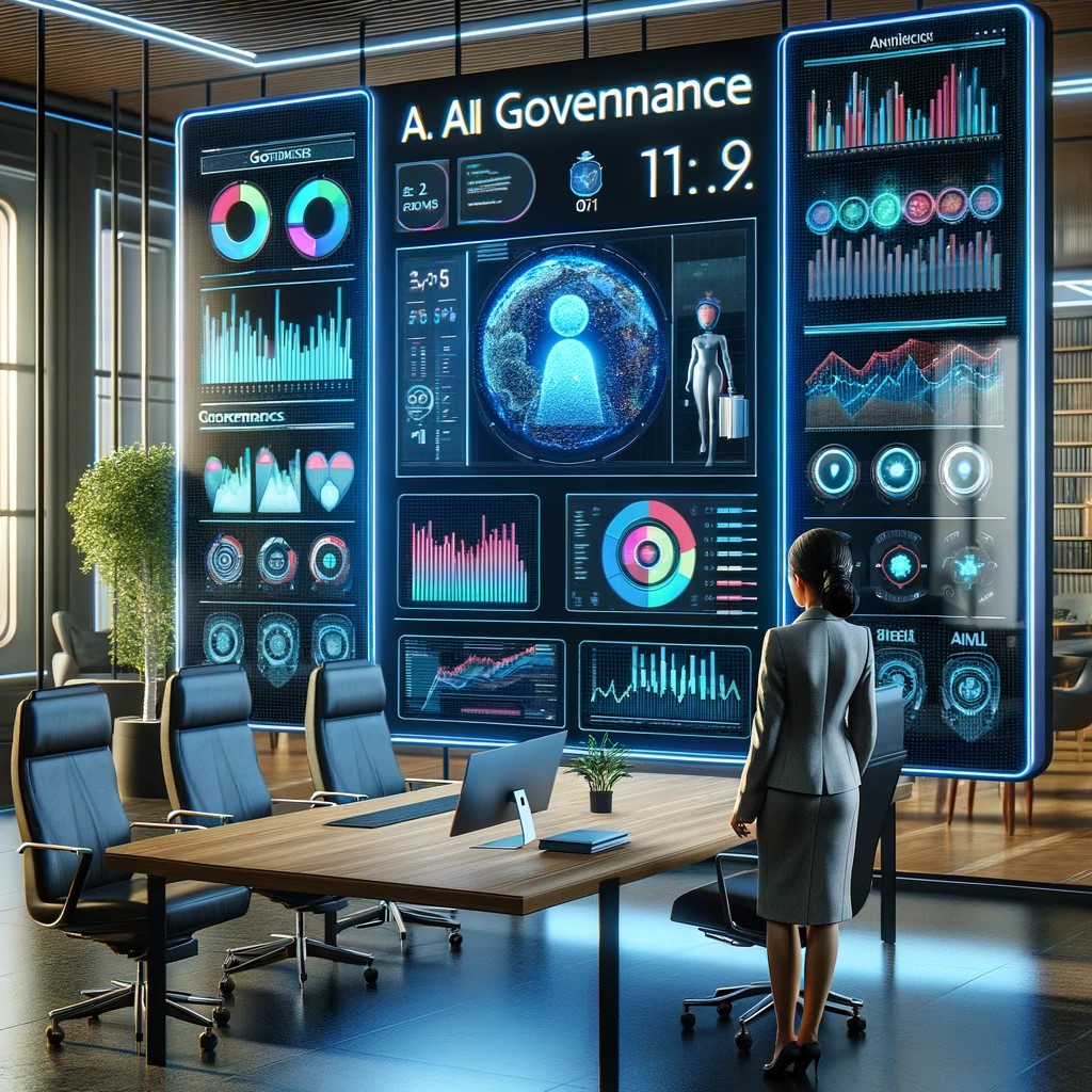 DALL·E 2024-06-05 19.52.04 - An advanced AI analytics dashboard showing real-time governance metrics and compliance levels in a corporate office. The dashboard features a large sc