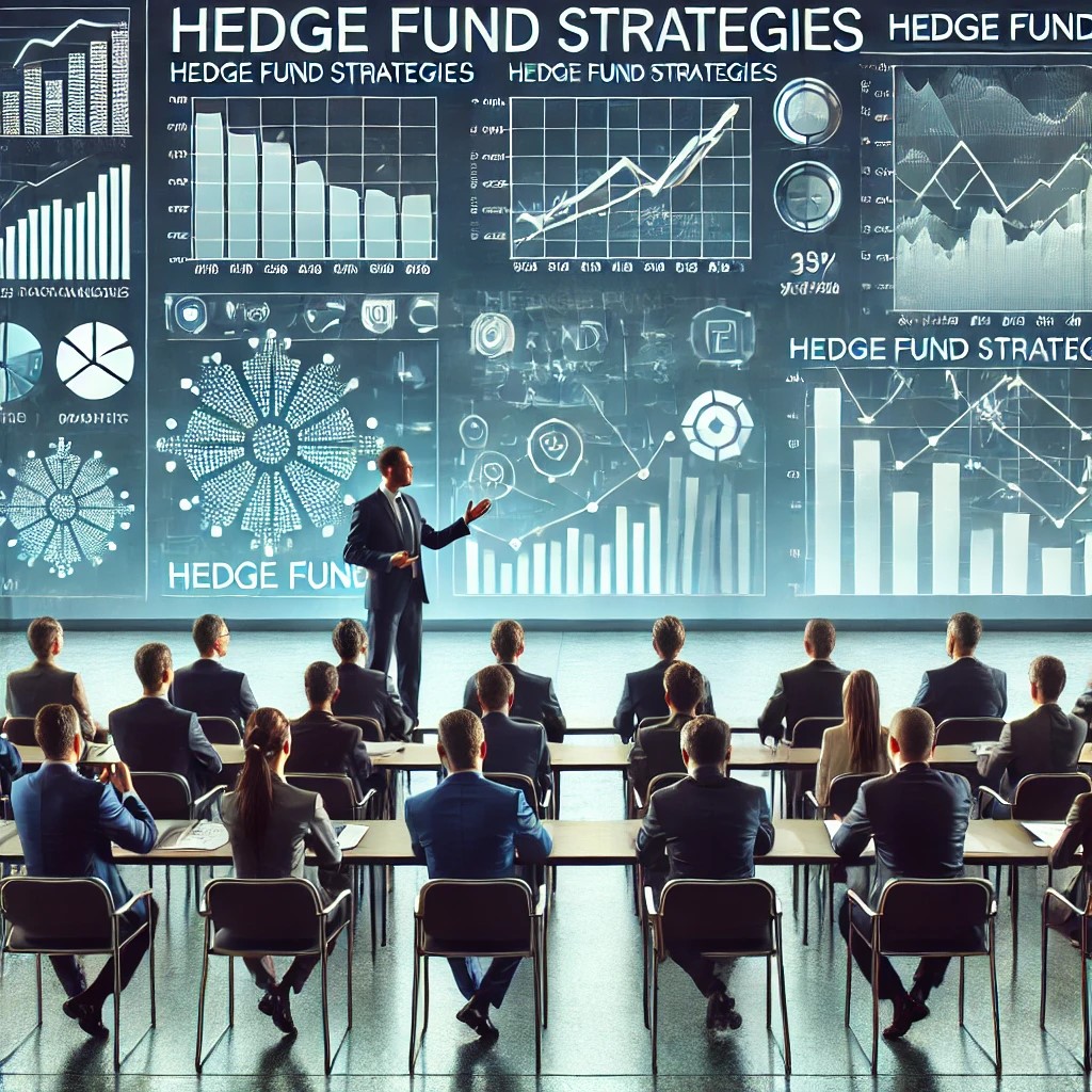 DALL·E 2024-07-09 22.46.49 - A financial seminar discussing hedge fund strategies and their impact on markets. The seminar features experts in suits giving presentations to an aud