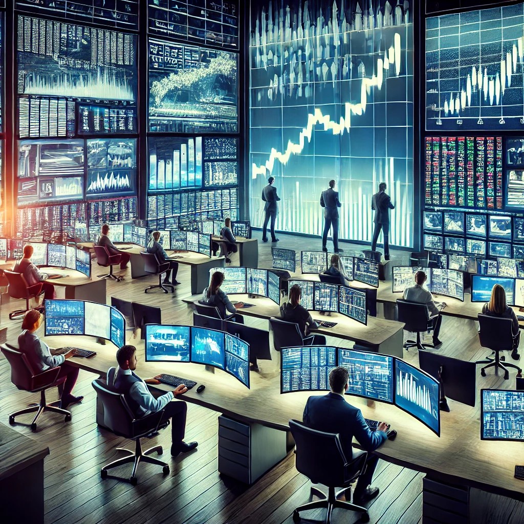 DALL·E 2024-07-09 22.46.48 - A modern hedge fund office with traders and analysts monitoring and analyzing financial markets on multiple large screens. The office is filled with s