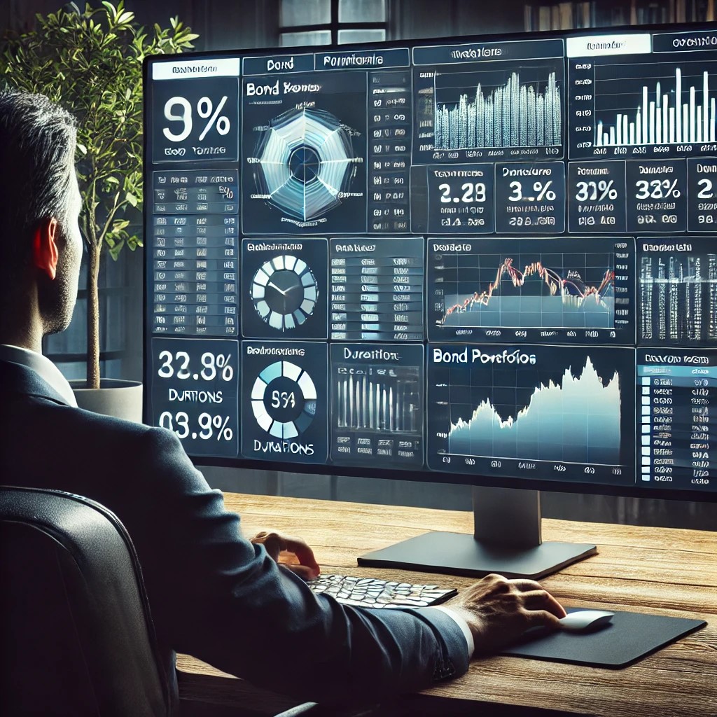 DALL·E 2024-07-09 10.33.37 - An investor reviewing a digital dashboard displaying various bond portfolios on a computer screen, with detailed analytics on bond yields, durations, 