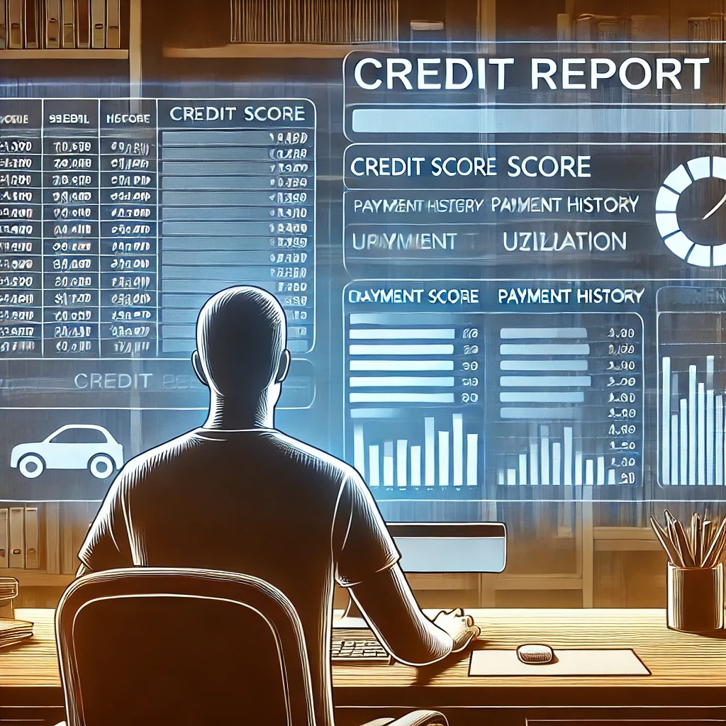 DALL·E 2024-07-08 00.27.47 - A detailed illustration of a person reviewing their credit report on a computer screen, with visible sections highlighting credit score, payment histo