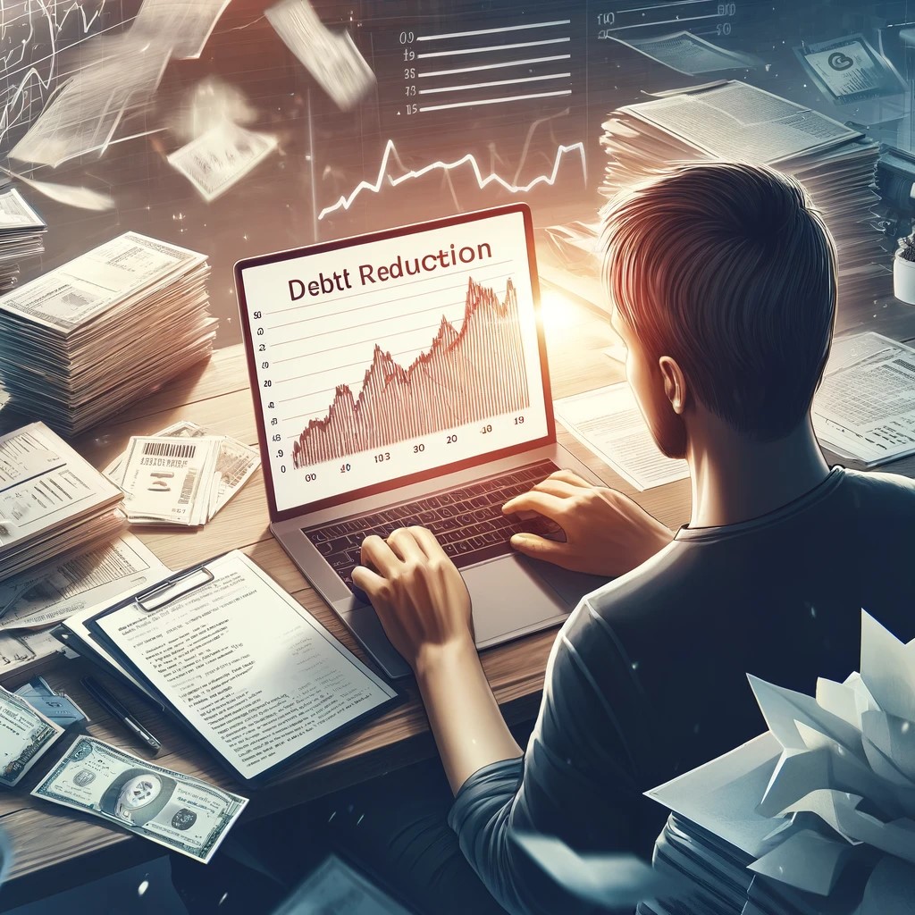 DALL·E 2024-05-14 20.01.37 - A detailed digital illustration of a person sitting at a desk, surrounded by bills and financial documents, intensely studying a laptop screen that sh