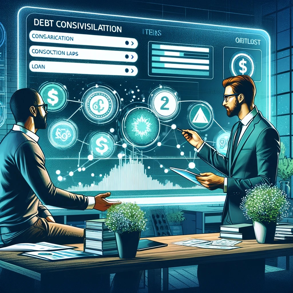 DALL·E 2024-05-14 20.01.41 - An artistic illustration showing a financial advisor and a client in a modern office, discussing strategies over a digital table displaying various de