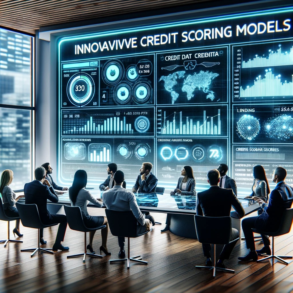 DALL·E 2024-05-14 15.32.06 - A modern financial office scene where a diverse group of professionals is analyzing and discussing innovative credit scoring models on large digital d