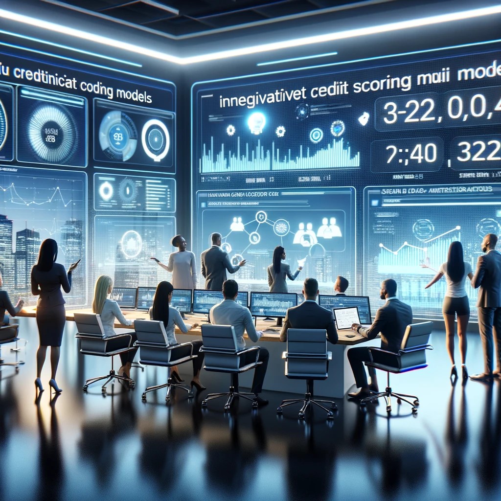 DALL·E 2024-05-14 15.32.08 - A modern financial office scene where a diverse group of professionals is analyzing and discussing innovative credit scoring models on large digital d