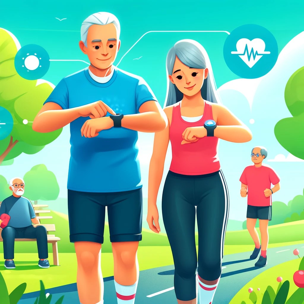 DALL·E 2024-05-14 23.33.36 - An illustration showing an elderly couple walking in a park, using fitness technology like smartwatches and heart rate monitors. The man is Caucasian 