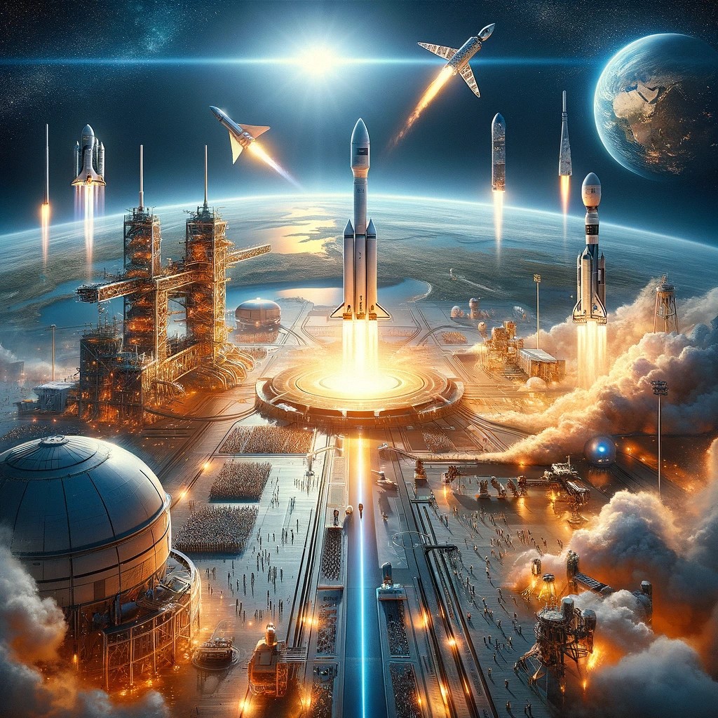 DALL·E 2024-05-14 15.42.39 - 1. An inspiring image of a modern spacecraft launching into space from Earth, symbolizing the new era of commercial space travel and exploration. The 