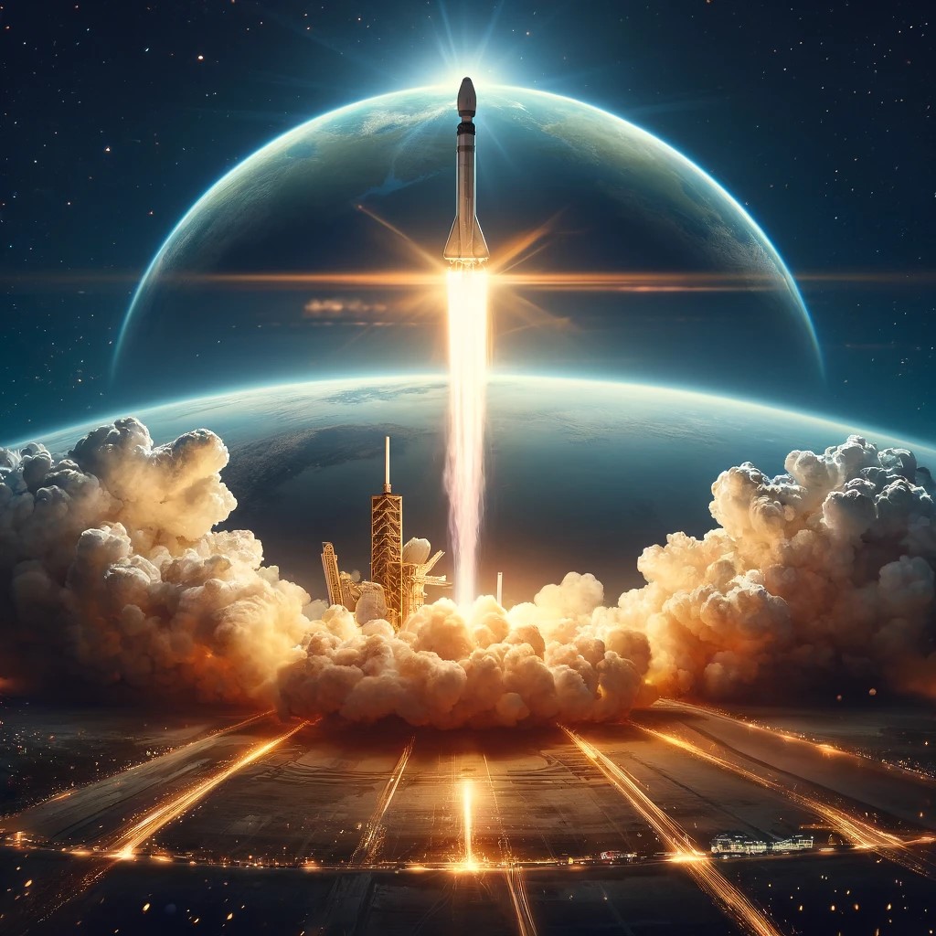 DALL·E 2024-05-14 15.40.34 - An inspiring image of a modern spacecraft launching into space from Earth, symbolizing the new era of commercial space travel and exploration. The sce