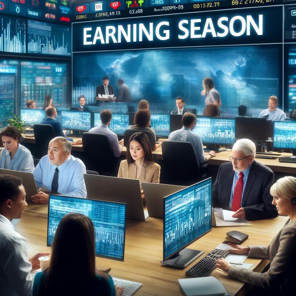 DALL·E 2024-06-06 20.05.20 - A financial newsroom during an earnings season, with journalists and analysts working together to report on the latest corporate earnings and their im