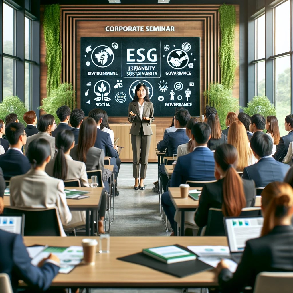 DALL·E 2024-06-05 19.52.05 - A corporate seminar focused on ESG (Environmental, Social, and Governance) practices with a diverse audience of professionals. The speaker, an Asian w