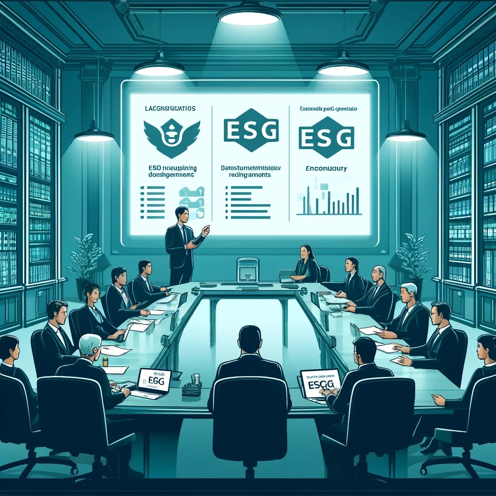 DALL·E 2024-06-04 12.20.33 - An image of a regulatory meeting discussing ESG disclosure requirements. Include elements such as a conference room, a presentation screen with ESG da