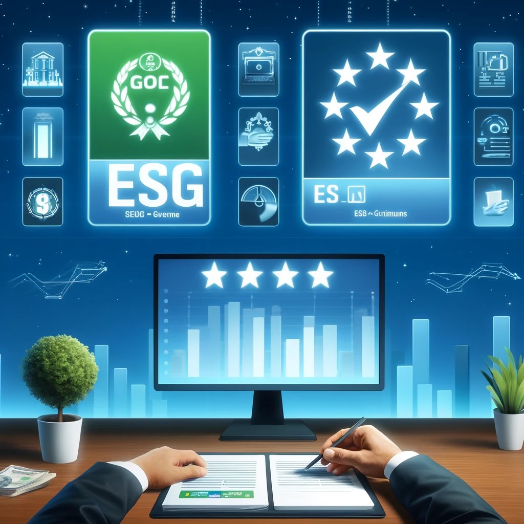 DALL·E 2024-06-04 12.20.31 - An image illustrating the integration of ESG criteria in investment decision-making. Include elements such as a financial analyst reviewing ESG scores