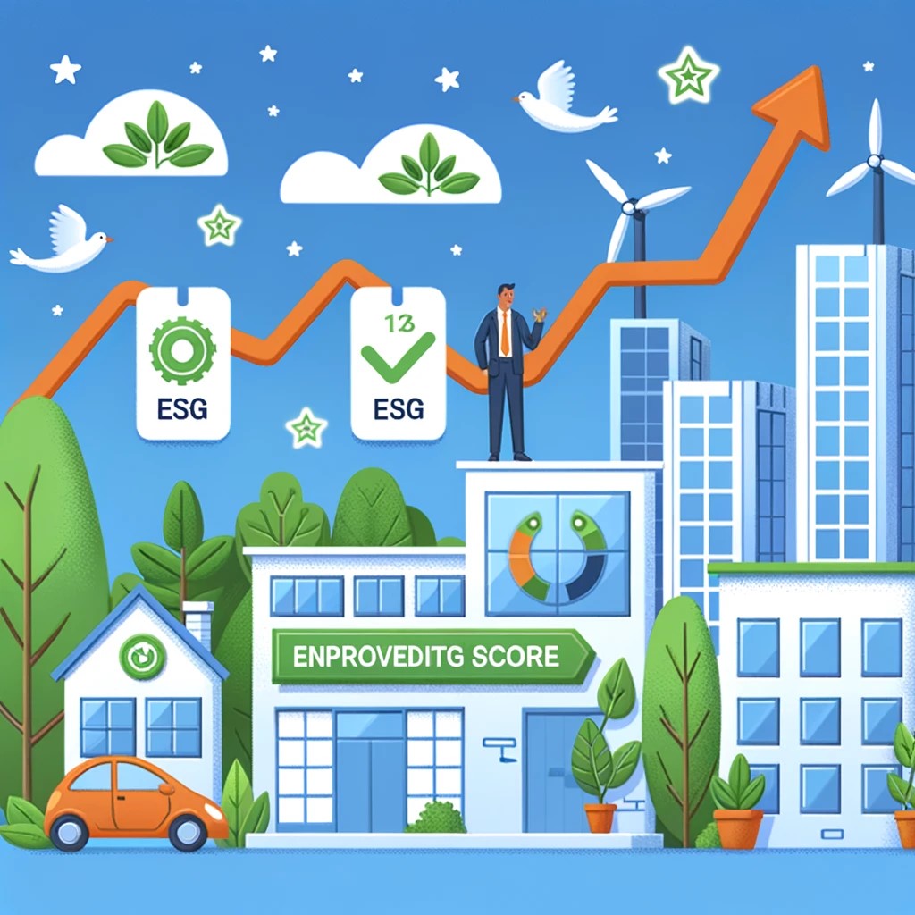 DALL·E 2024-06-04 12.20.34 - An illustration of a company improving its environmental practices to enhance its ESG score. Include elements such as renewable energy sources, green 