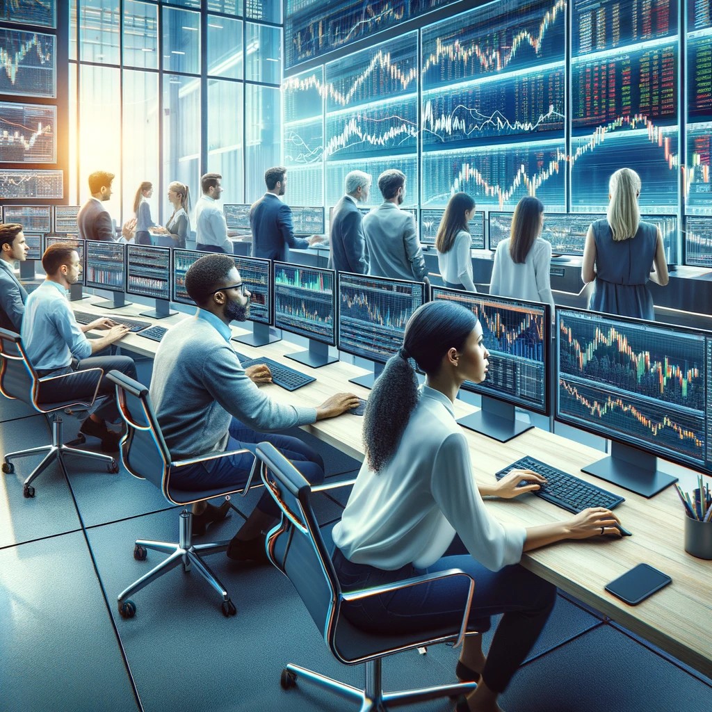 DALL·E 2024-06-06 19.18.19 - A modern financial trading floor bustling with activity, featuring traders and analysts using advanced algorithmic trading systems. The scene shows a 