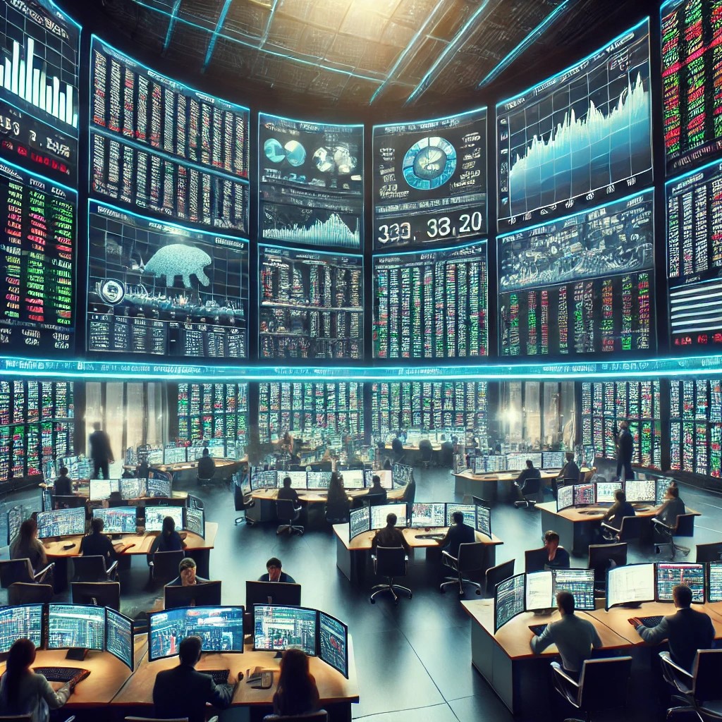 DALL·E 2024-07-27 09.58.28 - A high-tech trading floor with multiple screens displaying real-time financial data, stock prices, and market news. Traders are actively engaging with