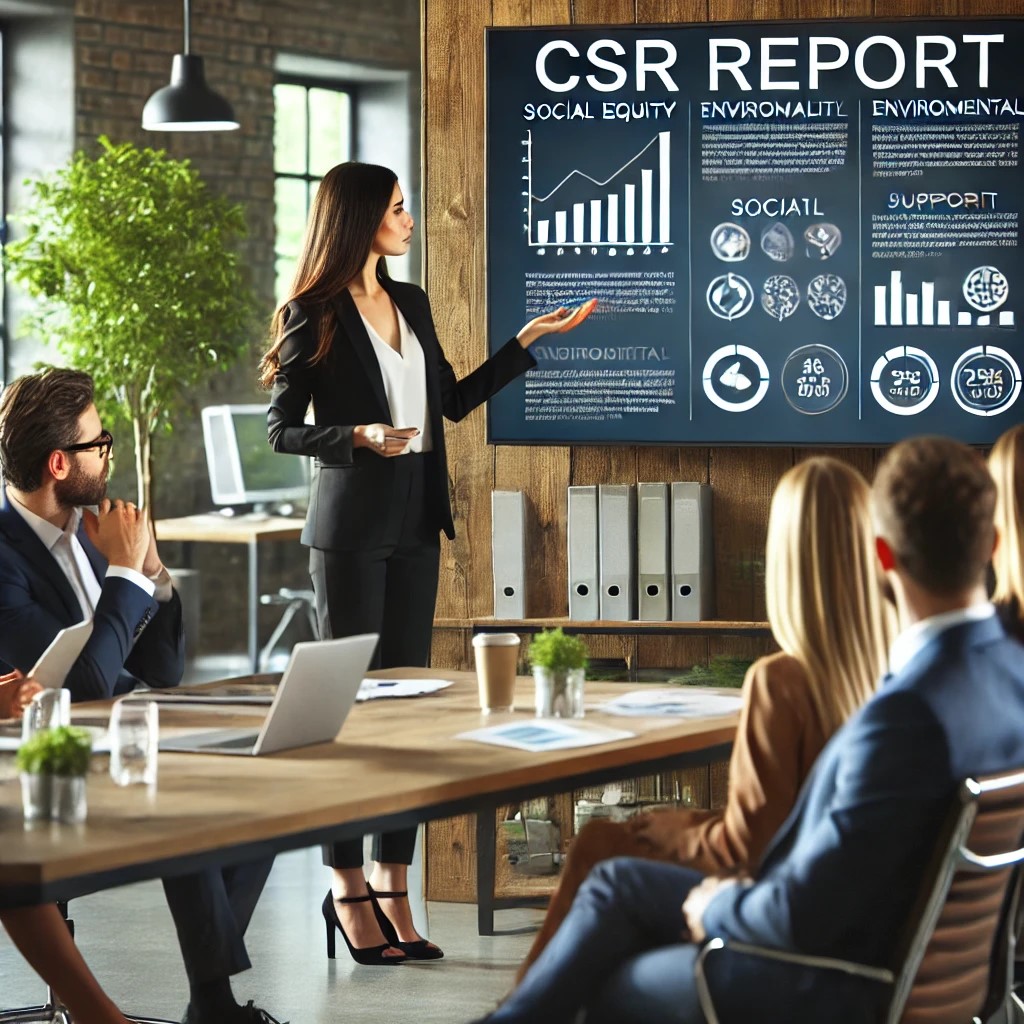 DALL·E 2024-07-27 10.12.03 - A businesswoman presenting a detailed CSR report in a modern office. The presentation screen shows charts and graphs related to social equity, environ