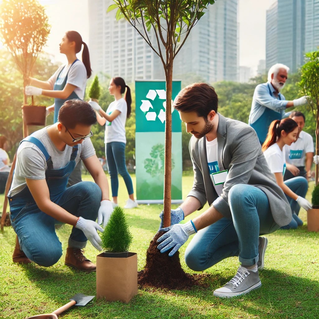 DALL·E 2024-07-27 10.12.02 - A team of employees working on a community engagement project, planting trees in a local park. The background shows other volunteers and a banner prom