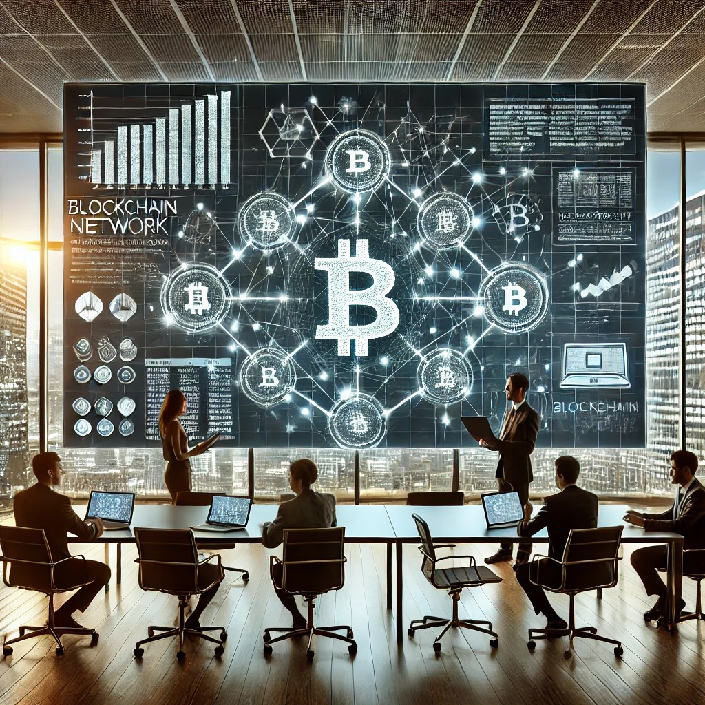 DALL·E 2024-07-27 10.19.32 - A blockchain network visualization in a modern office setting. The scene includes multiple screens showing blockchain data, cryptocurrency transaction