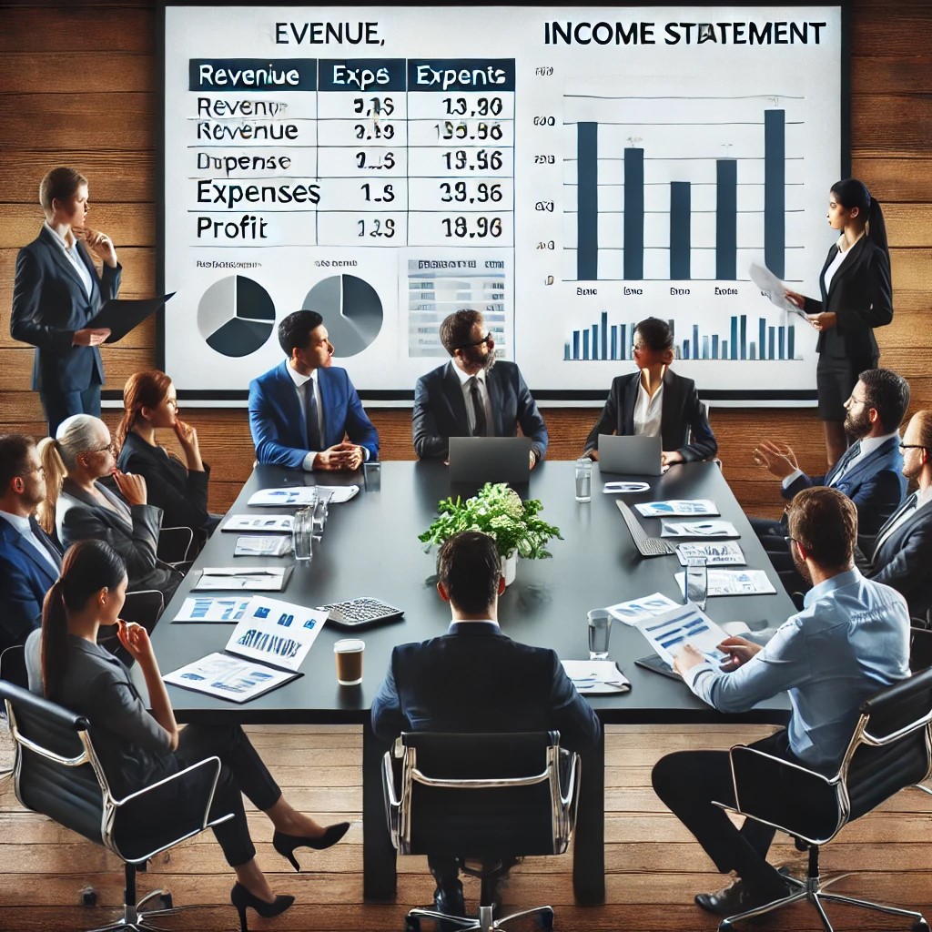 DALL·E 2024-07-27 10.34.05 - A business meeting in a conference room with financial professionals discussing an income statement. The setting includes a large screen displaying re