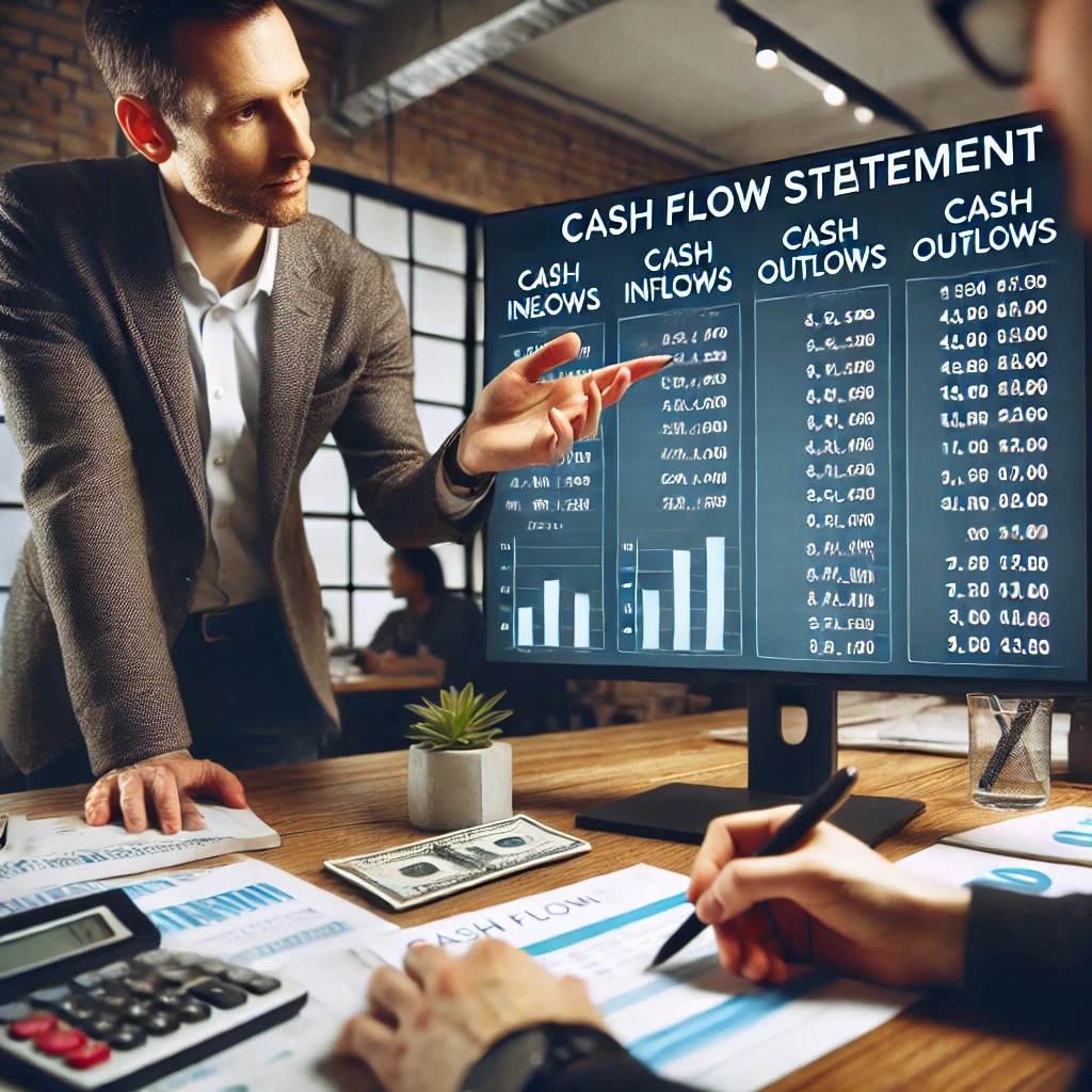 DALL·E 2024-07-27 10.34.06 - A financial advisor explaining a cash flow statement to a small business owner in a modern office. The screen shows cash inflows and outflows, and the